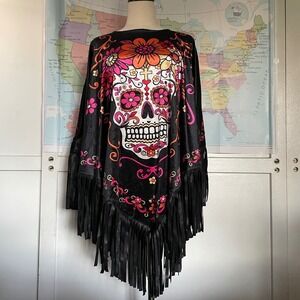 Fun World Womens Sugar Skull Velvet Fringe Poncho Black Dia de Los Muertos XS-XL